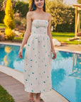 Rozie Linen Midi Strapless Dress with All Over Floral Embroidery Detail.