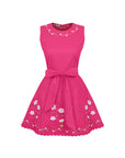 Fanm Mon short Scalloped Pink dress with floral embroidery on a white background