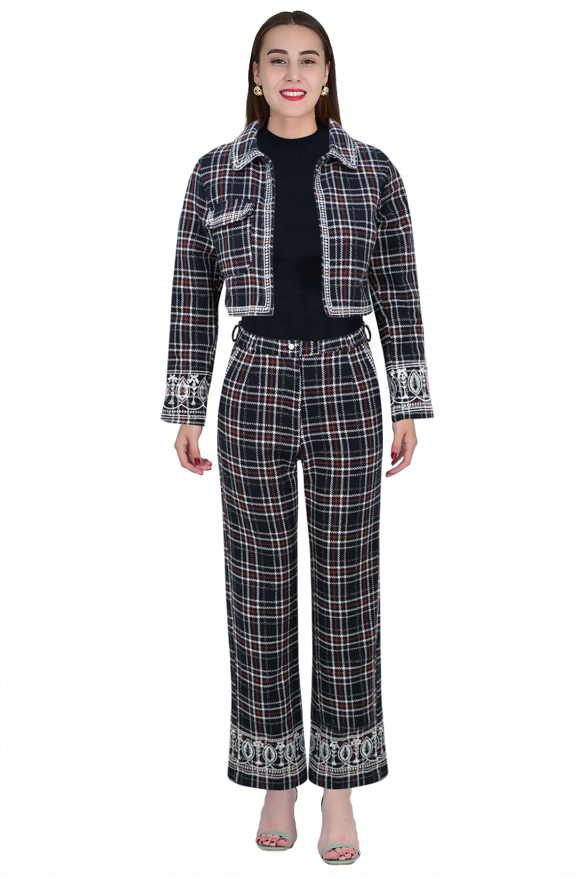 Soho Bolero Jacket and Straight Leg Pant Set, in Navy Tartan. Design in collaboration with Fanm Mon and Janie Pierrepont.