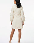 Back view of the Fanm Mon Verona Dress showcasing floral embroidery, long sleeves, and a structured mini silhouette.