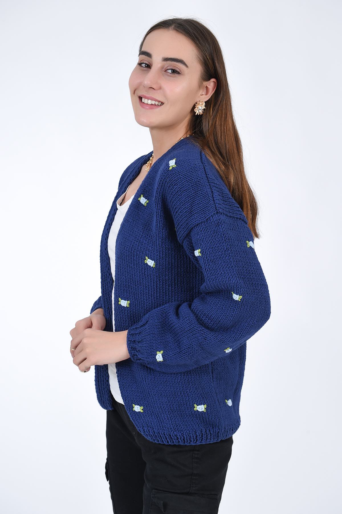 Rose flower motif cardigan ブルー Rose flower motif cardigan ブルー Rose flower motif short