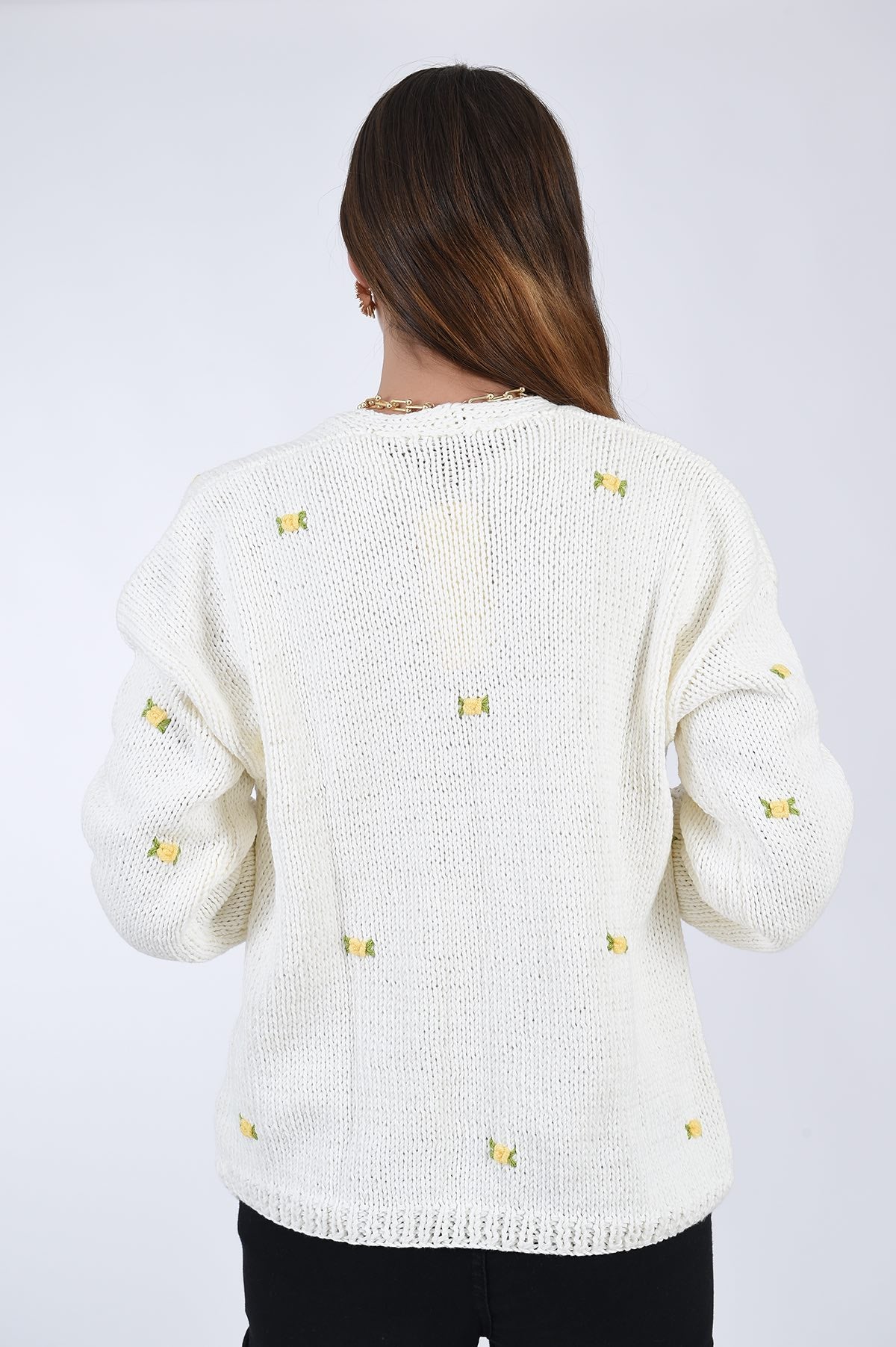 Fanm Mon Winter Bloom Yellow Rose Cotton Hand knit Cardigan with all love floral embroidery detail, back view.