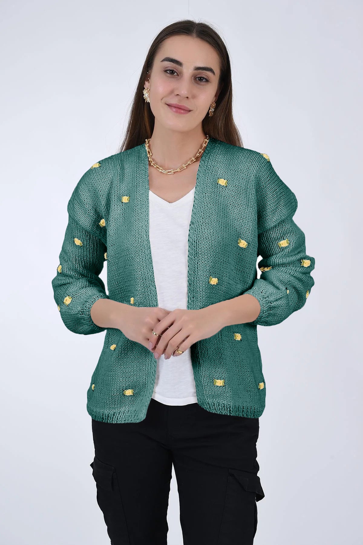 WINTER BLOOM YELLOW ROSE Cotton Cardigan