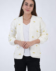 Fanm Mon WINTER BLOOM Yellow Rose Hand knit Cardigan with all love floral embroidery detail, front view.