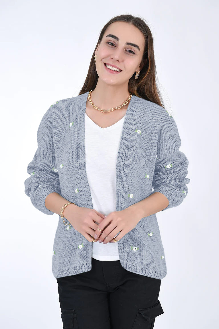 WINTER BLOOM WHITE ROSE Cotton Cardigan