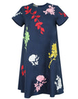 Fanm Mon Gence Dress in navy featuring a round neckline, short sleeves, and oversized floral embroidery in pink, red, yellow, green, and white