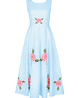 Fanm Mon Hazel Dress in light lagoon featuring a sleeveless round neckline, fitted bodice, and pink rose embroidery with green botanical foliage arranged across the waist and full A-line midi skirt.