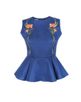 Fanm Mon Marena floral embroidered sleeveless peplum top in deep blue
