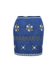 Fanm Mon Roya daisy embroidered mini skirt in deep blue with floral motifs and decorative embroidered bands