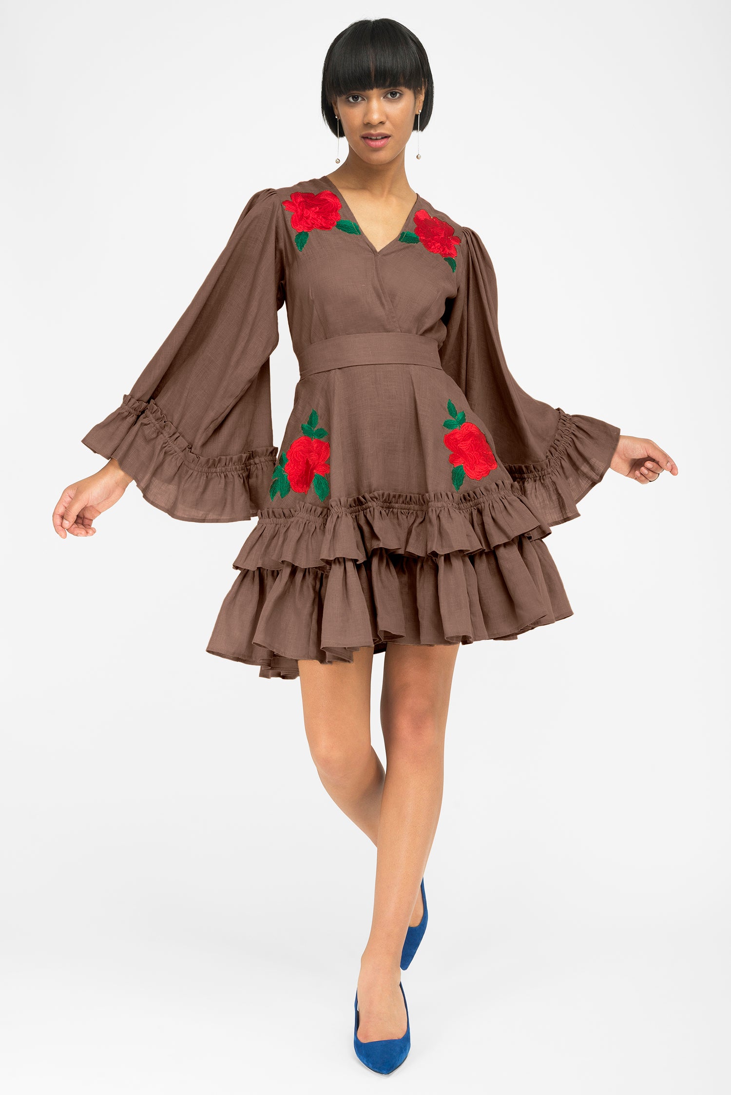 Caramel Linen Long Sleeve Dress with Ruffled popular Hem