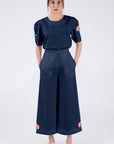 Maya Pant Set in Indigo Blue With Rose Floral Embroidery
