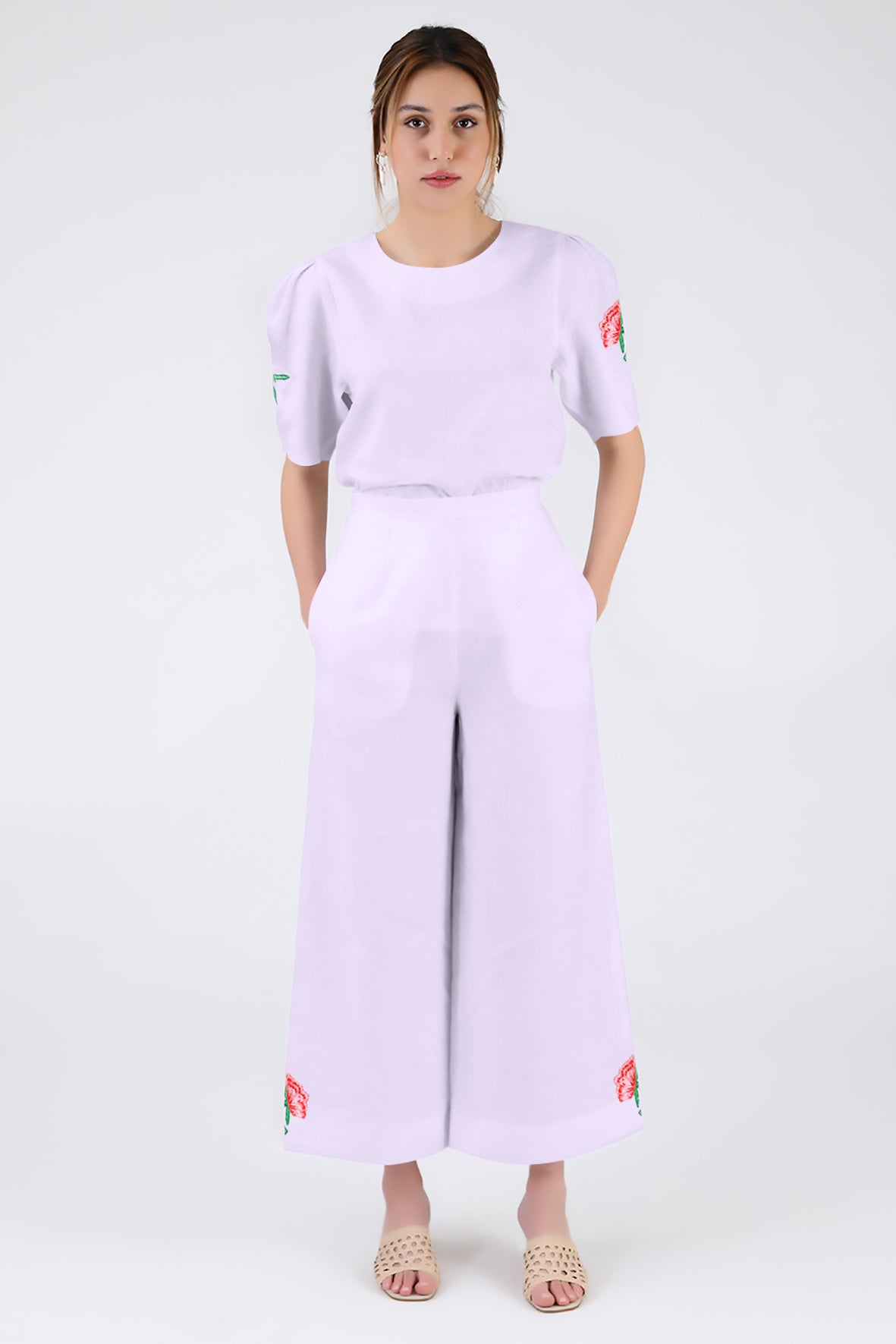 Maya Pant Set in Lilac With Rose Floral Embroidery