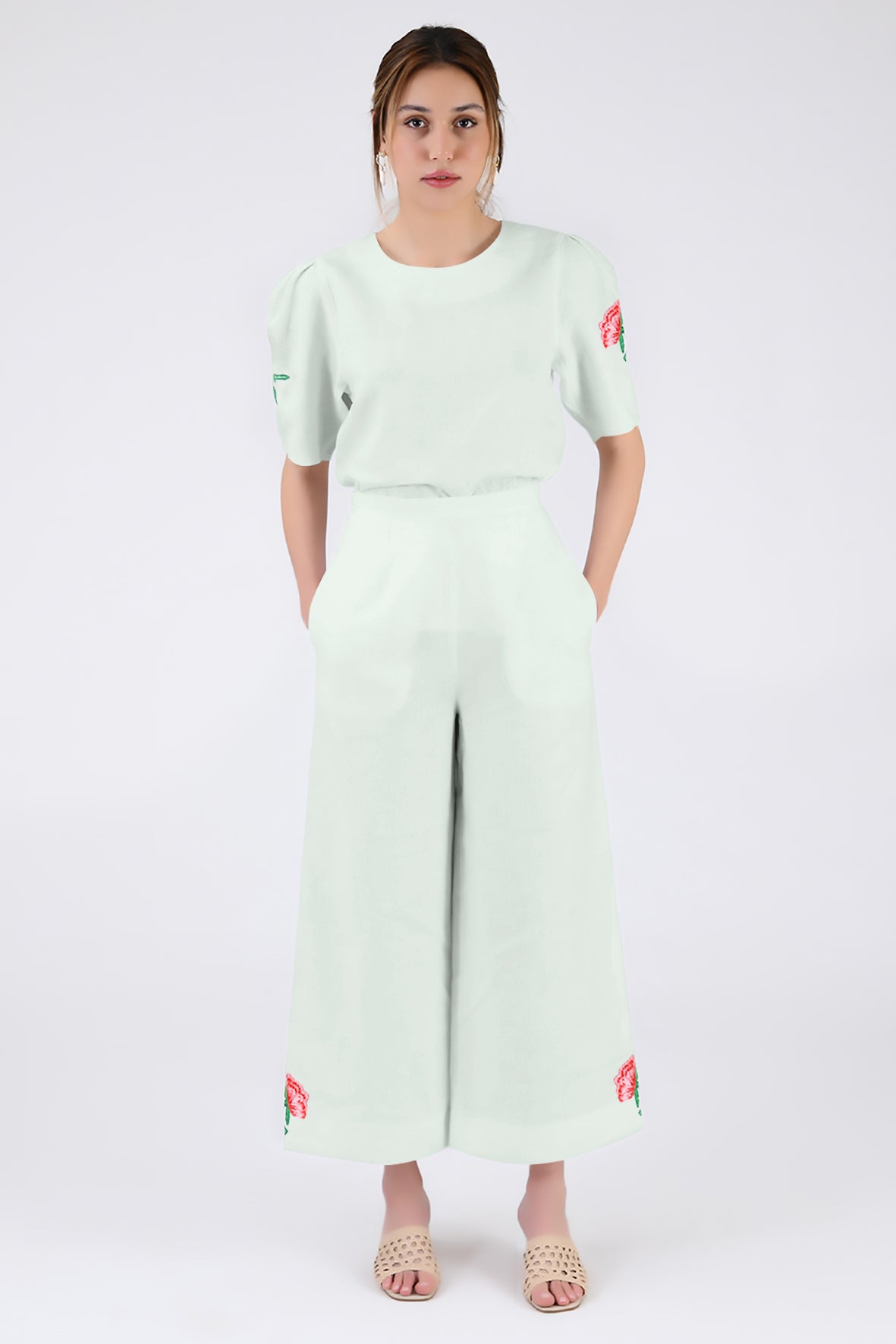Maya Pant Set in Mint Green With Rose Floral Embroidery