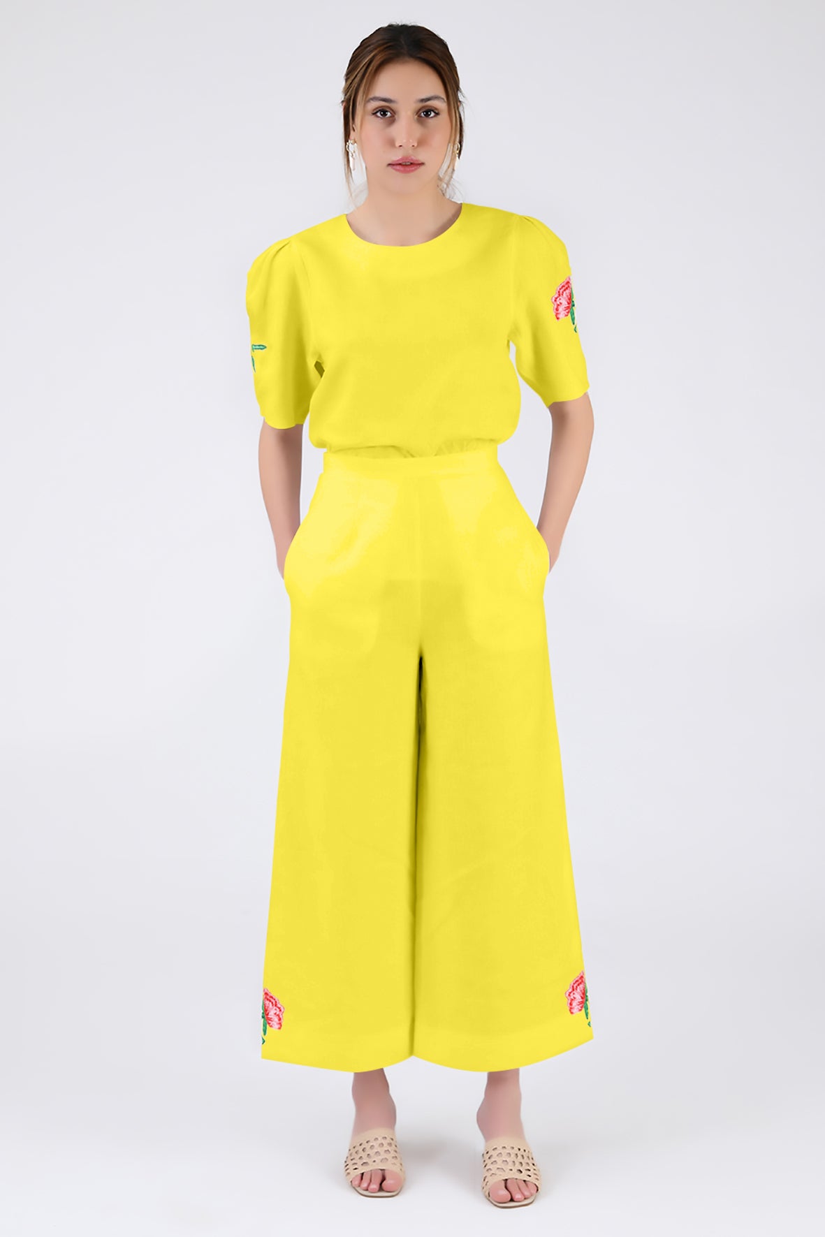 Maya Pant Set in Bright Yellow With Rose Floral Embroidery