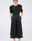 Maya Pant Set in Black With Rose Floral Embroidery