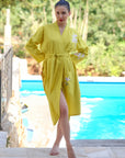 Fanm Mon Shule Cotton Wrap Dress in Mustard Lime
