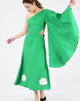 Narma Dress (Wanga Collection) in Kelly Green Showcasing the Dramatic Bell Sleeve