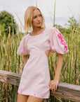 Mini Linen Dress with an open back with balloon sleeves embroidered dress. 