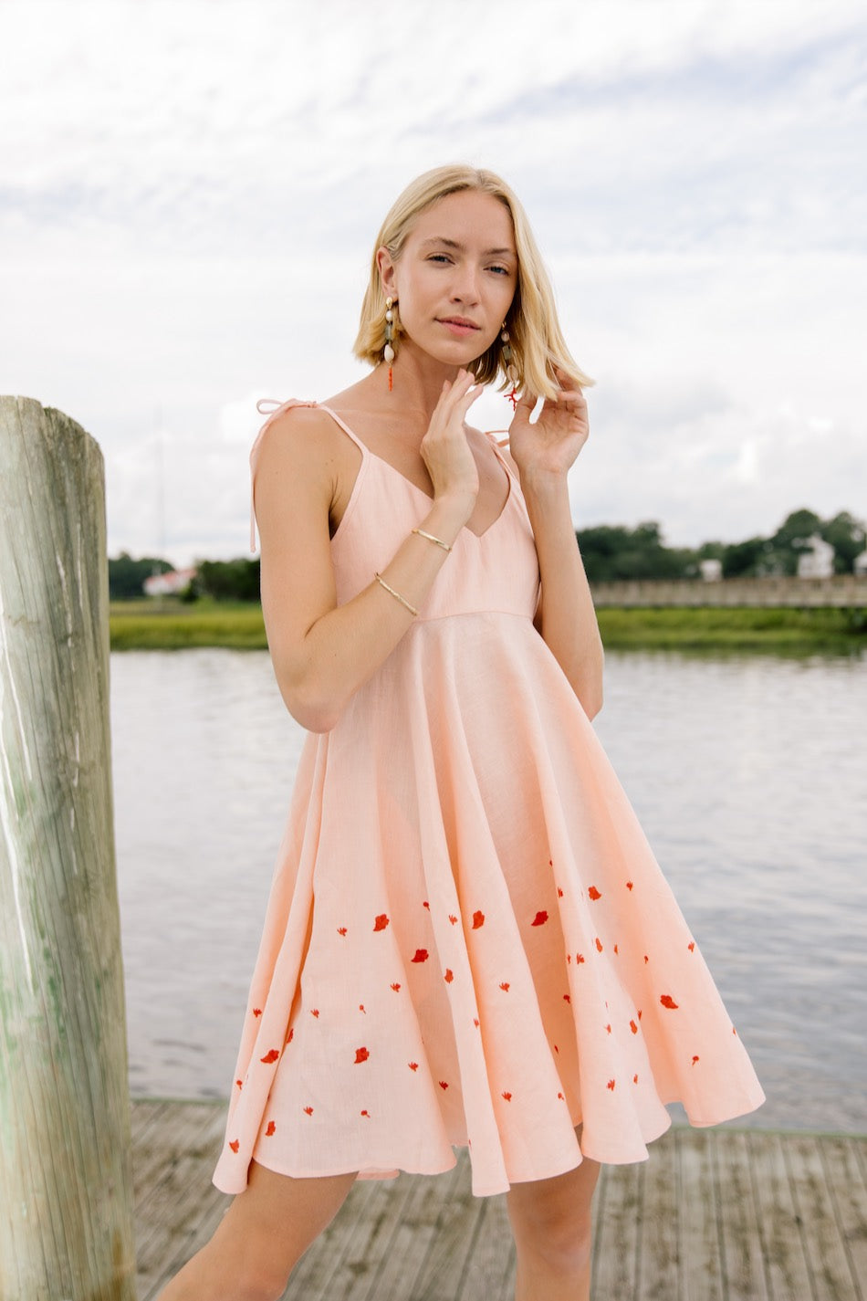 Fann Mon Mella Linen Dress With Floral Embroidery, Marassa Collection.