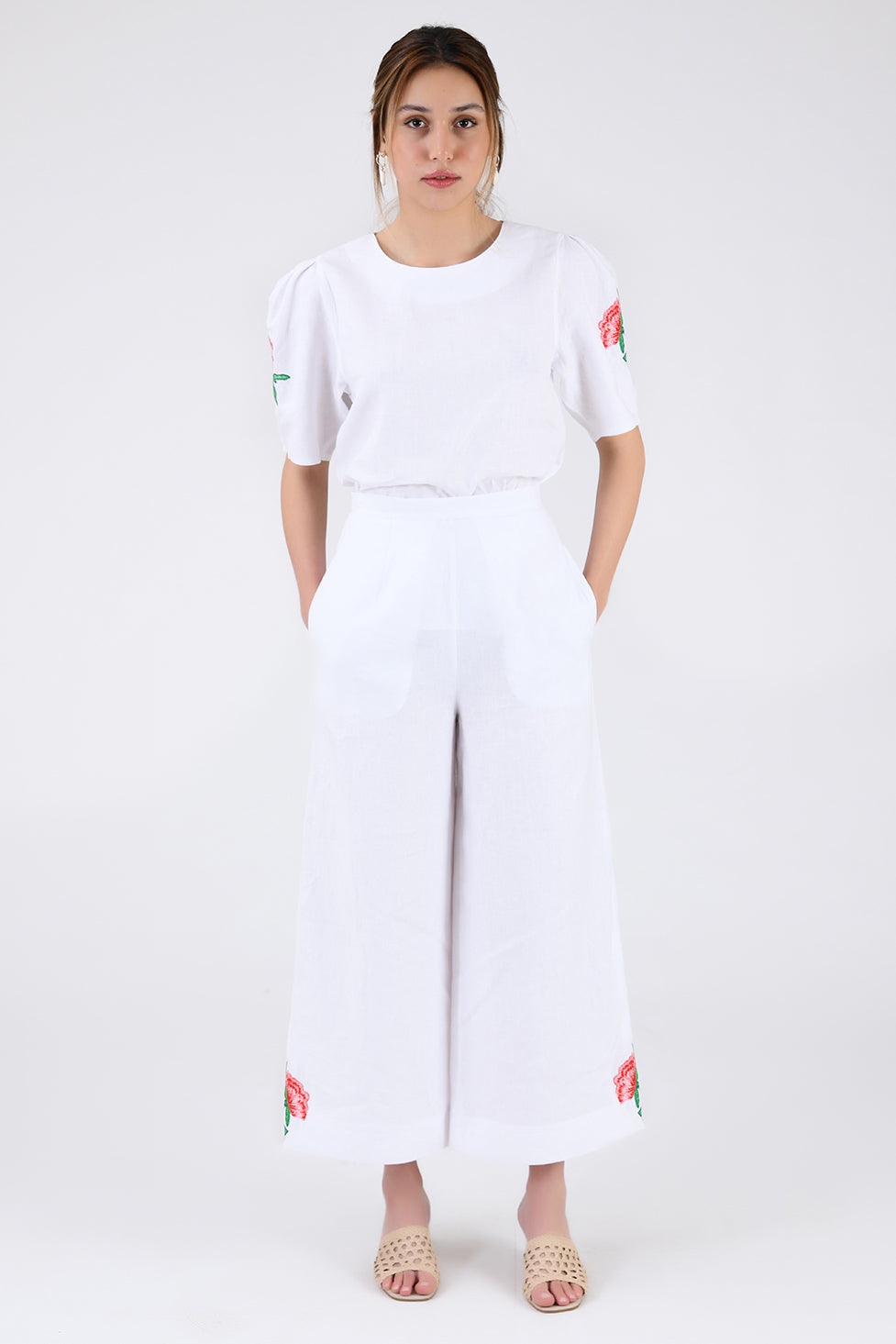 Front View of the Maya Pant Set in White By Fanm Mon