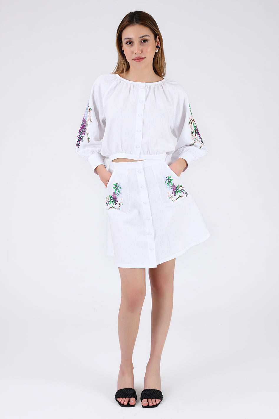 Brodere Skirt Set in White