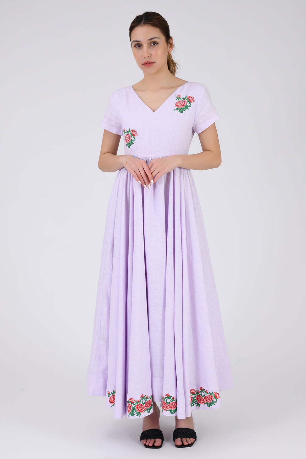 Front View of the Artem Dress with Rose inspired red floral embroidery