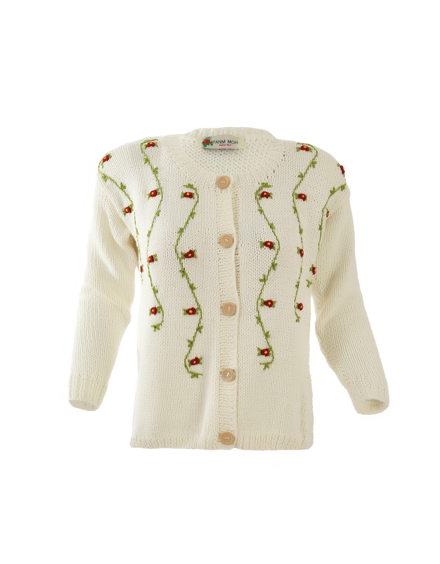Fanm Mon Cream Wool cardigan with hand-embroidered floral and vine accents, featuring a button front closure.