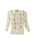 Fanm Mon Cream Wool cardigan with hand-embroidered floral and vine accents, featuring a button front closure.