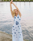 Fanm Mon Loa Linen Dress in Light Lagoon with Floral Embroidery Detail.