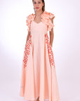 Fanm Mon Essen 100% Linen Dress with ruffle sleeves and side floral embroidery detail. Front View.