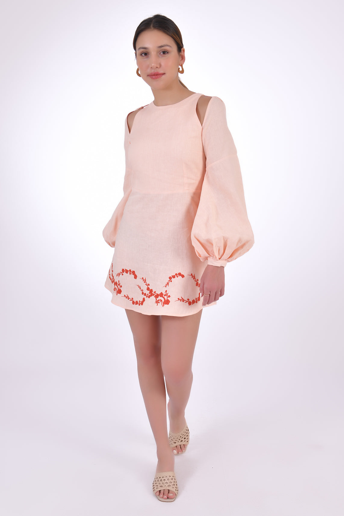 Fanm Mon Gizem Mini  Linen Dress, Made to Measure with puff sleeve and  featuring embroidery detail. Walking View.