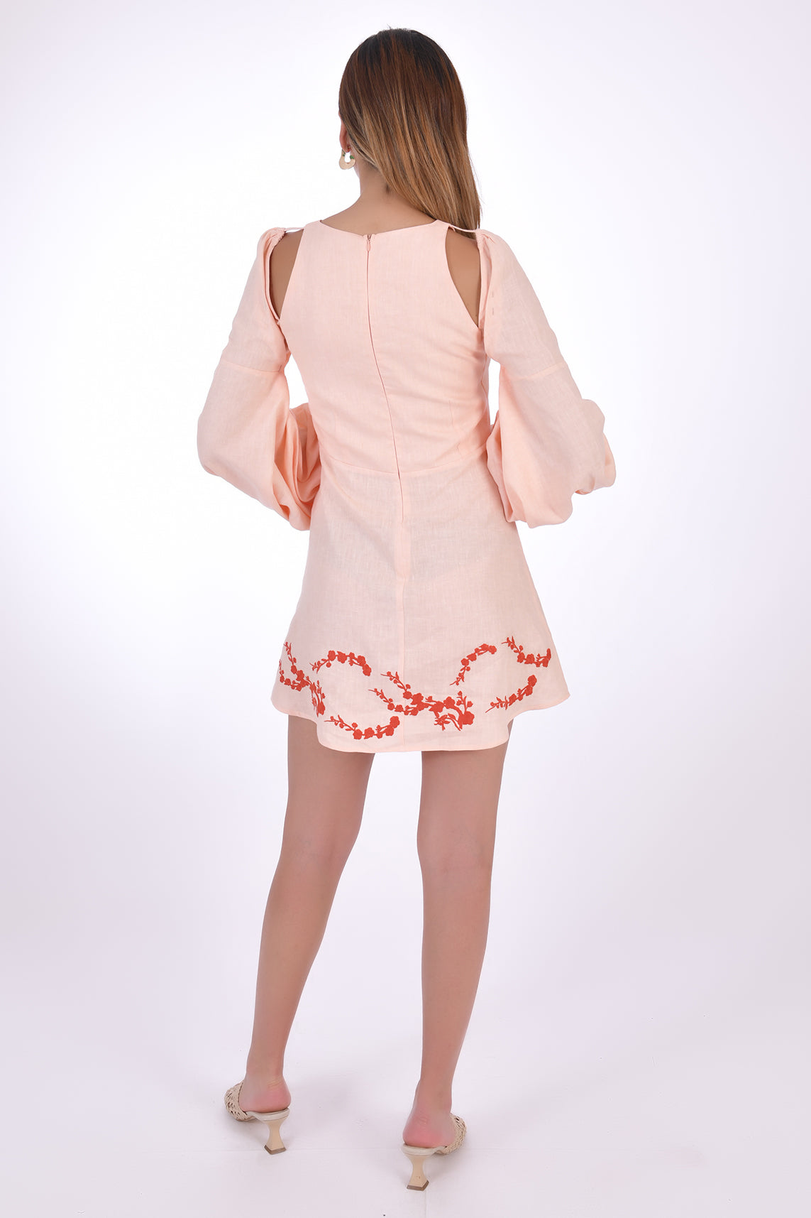 Fanm Mon Gizem Linen Mini Dress, showcasing back view with open shoulder detail and embroidery on hem.