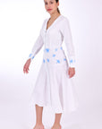 Fanm Mon Klare 100% Linen Dress. LongSleeve button front dress, side view.