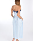 Fanm Mon Linen Lorr Midi Dress in Light Lagoon, showcasing hand-embroidered floral appliques on back. Back View.