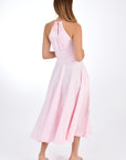 Fanm Mon Fuse Halter Linen Dress. Back view, showcasing tie neck and back zipper closure. 