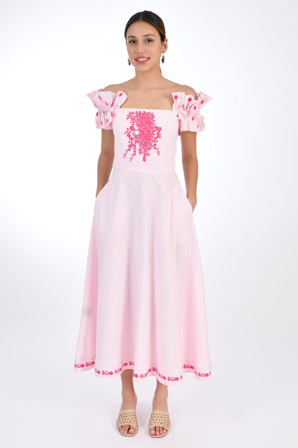 FANM MON ALYA LINEN DRESS.  On/Off The Shoulder Hand-Embroidered Applique Midi Linen Dress. Front View showcasing embroidery detail.