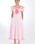 FANM MON ALYA LINEN DRESS. On/Off The Shoulder Hand-Embroidered Applique Midi Linen Dress. Front View showcasing embroidery detail.