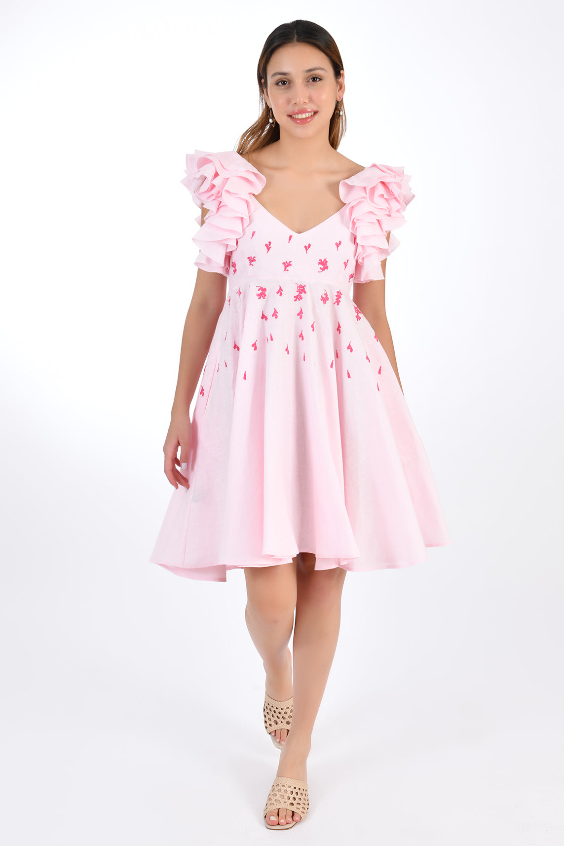 Fanm Mon Galata Mini Dress, featuring empire waist, ruffle sleeves, and floral embroidery detail.