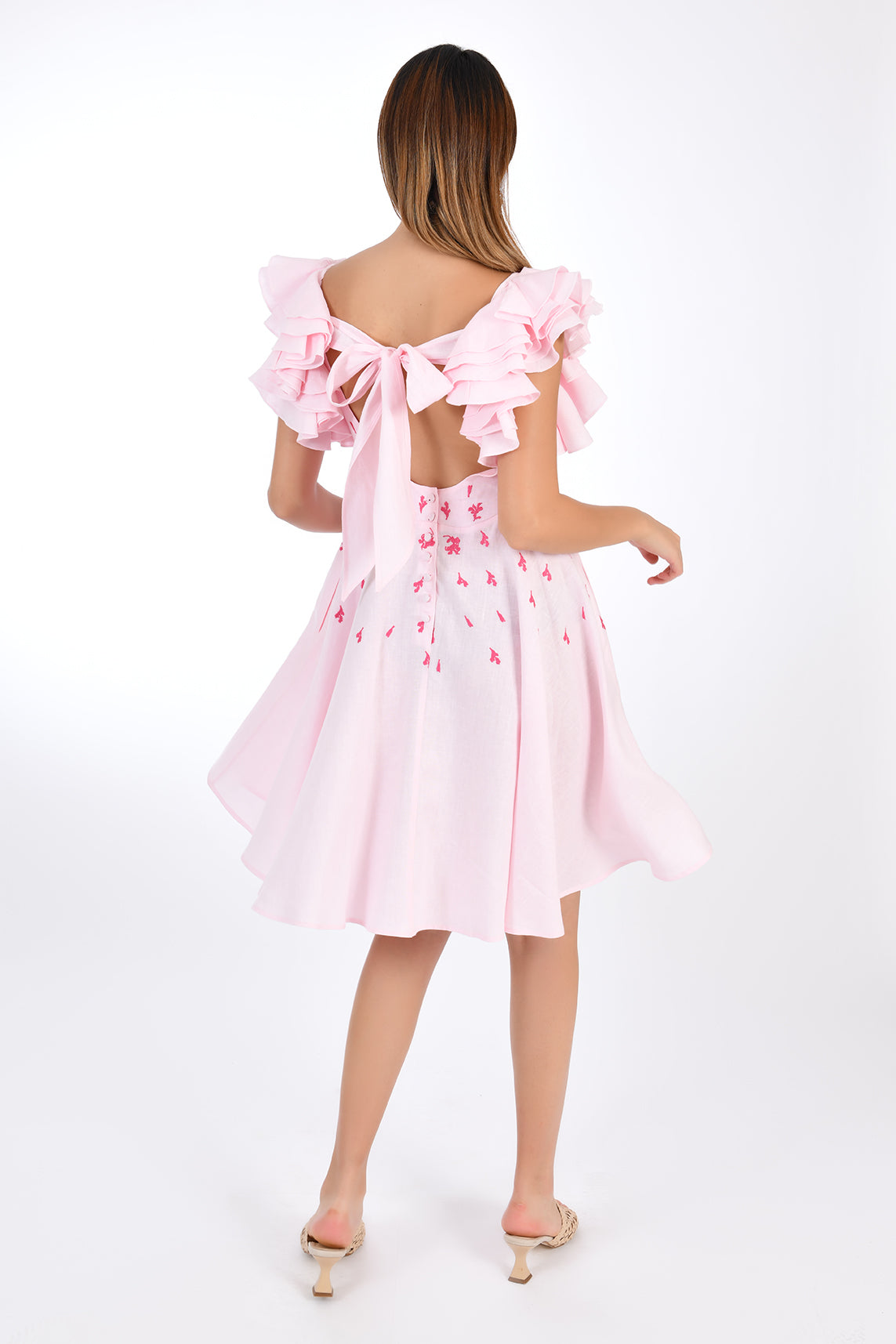 Fanm Mon Galata Linen Dress back view featuring show-stopping self tie back bow .