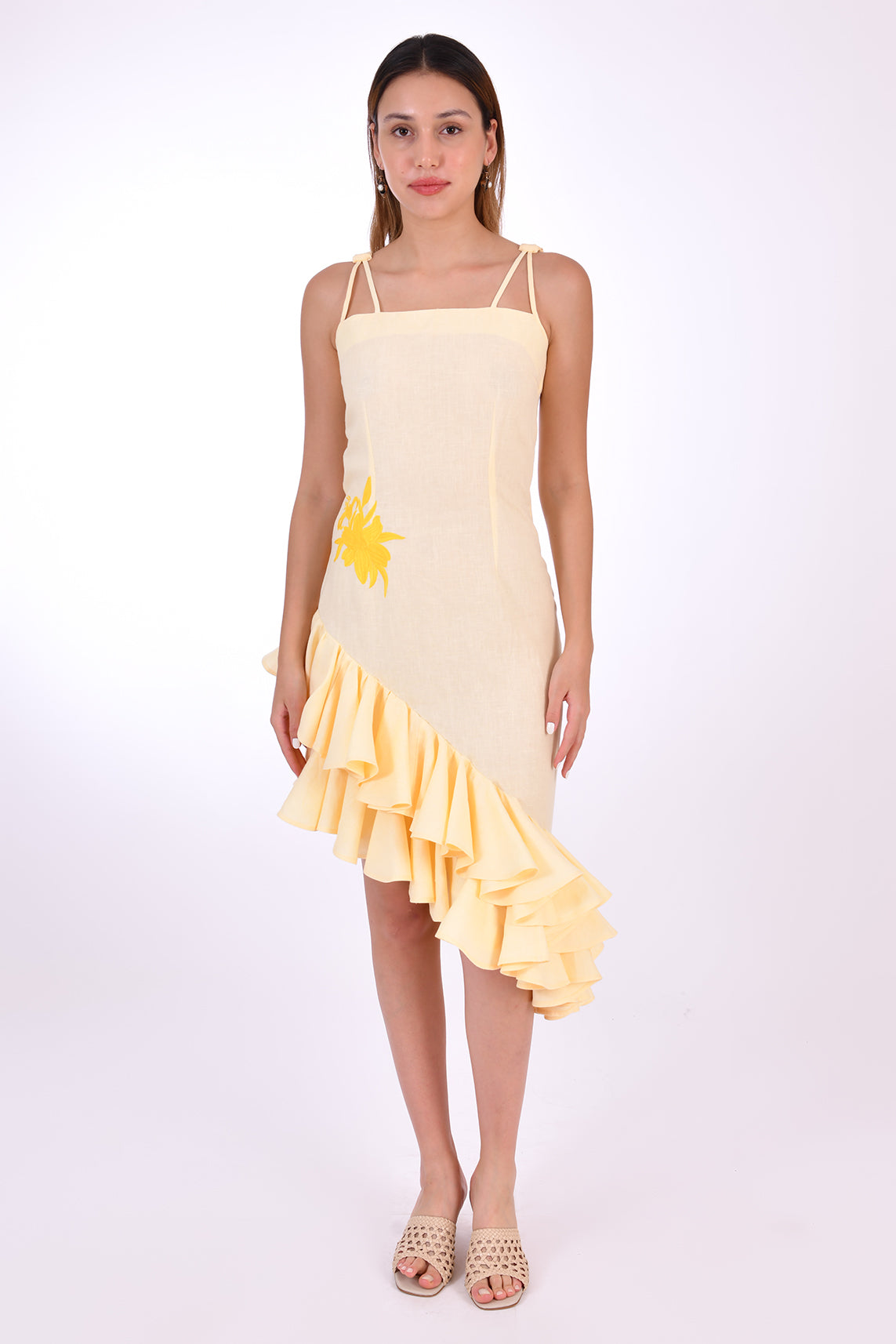 Fanm Mon Freda Midi Linen Dress with flared asymmetrical ruffled hemline and intricate embroidery details. 100% Linen, Made to Measure.  (Front View)