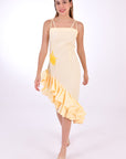 Fanm Mon Freda Midi Linen Dress, Made to Measure. Showing movement and with flared asymmetrical ruffled hemline. (Front View)