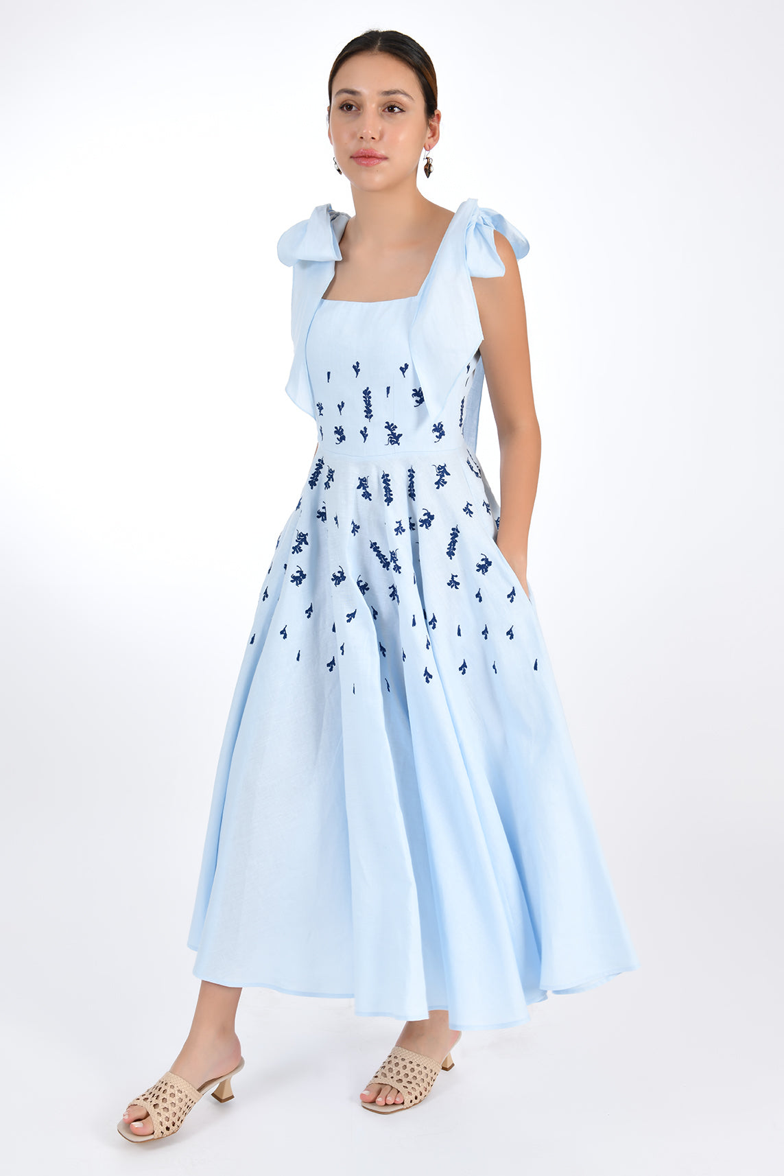 Mimose Tie Shoulder Linen Dress Front