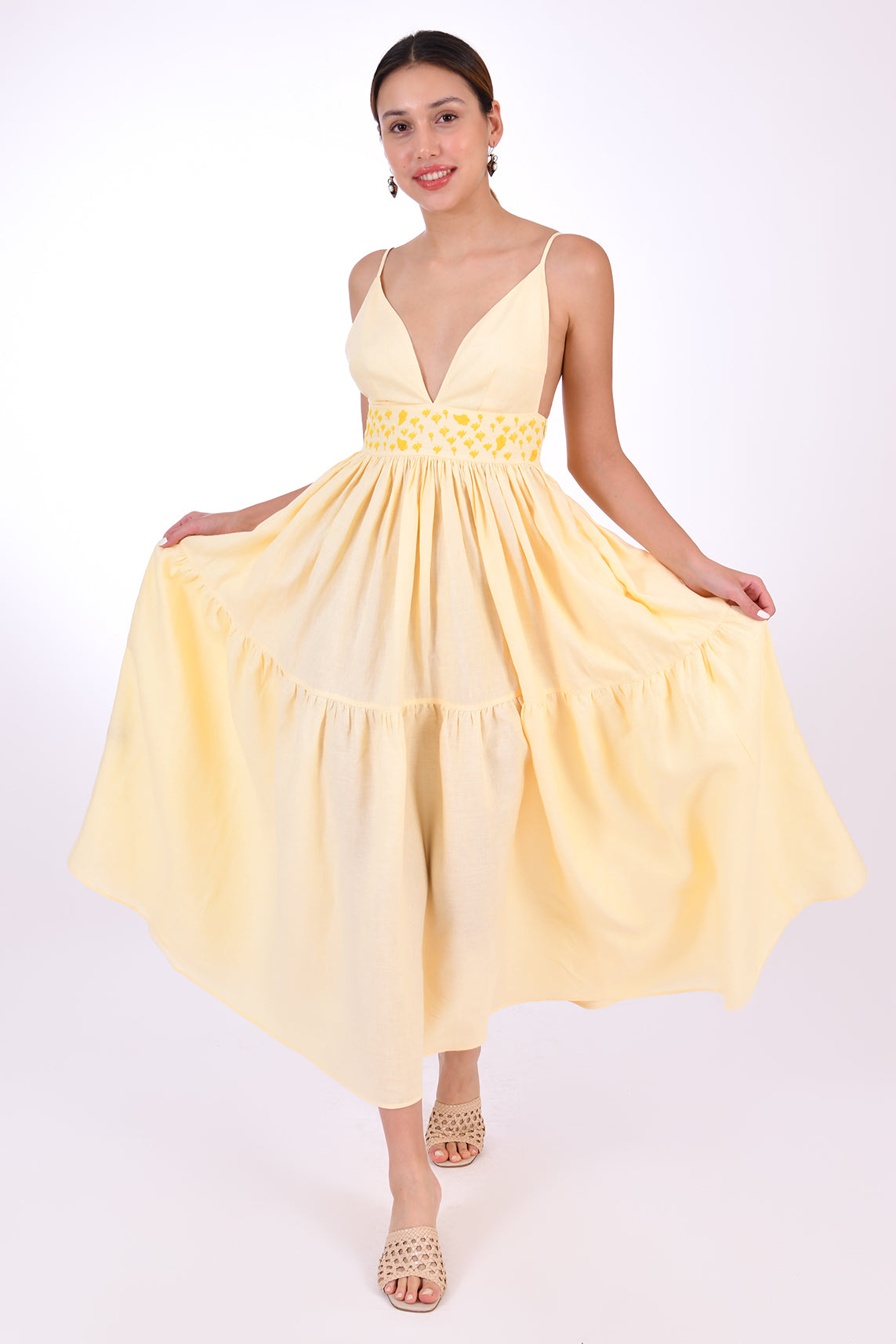 Spaghetti Straps Tea Length Gold Satin Party Dress