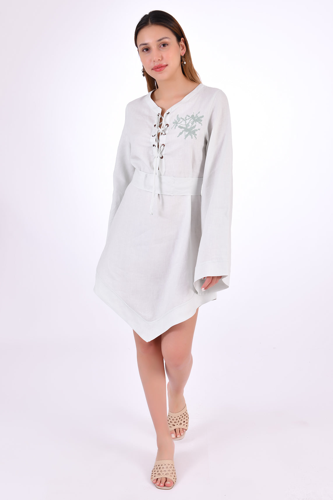 Fanm Mon Boze Dress, Front View alternative. Kaftan Style Linen Dress with wide kimono embroidered sleeves and handkerchief hem and tie front.  Easy slip-on wear,  mini length loose fit dress.