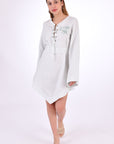 Fanm Mon Boze Dress, Front View alternative. Kaftan Style Linen Dress with wide kimono embroidered sleeves and handkerchief hem and tie front. Easy slip-on wear, mini length loose fit dress.