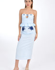 Fanm Mon Linen ARINA 2 Piece Skirt Set with strapless Ruffle Peplum Top front keyhole detail, straight midi length skirt with back slit and zipper closure. Front View.
