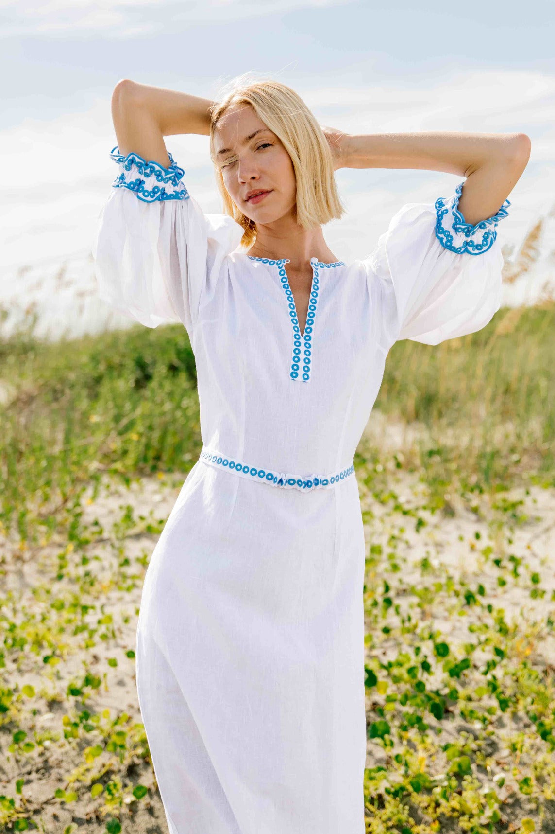 Fanm Mon Nehir Sheath Linen Dress With beautiful embroidery detail.