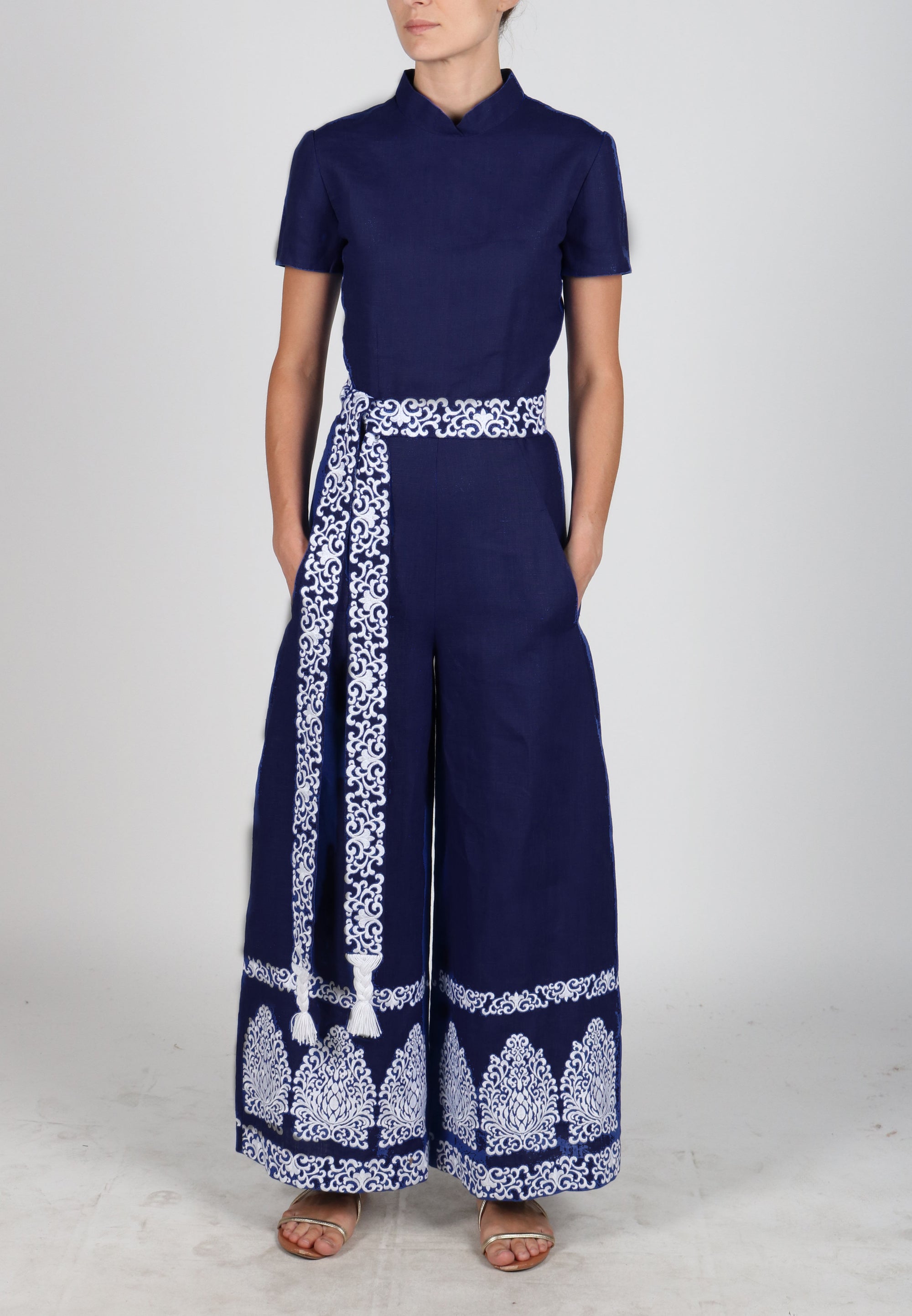 Front View of the Marok Jumpsuit with Waist tie Belt in Indigo Blue