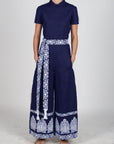 Front View of the Marok Jumpsuit with Waist tie Belt in Indigo Blue