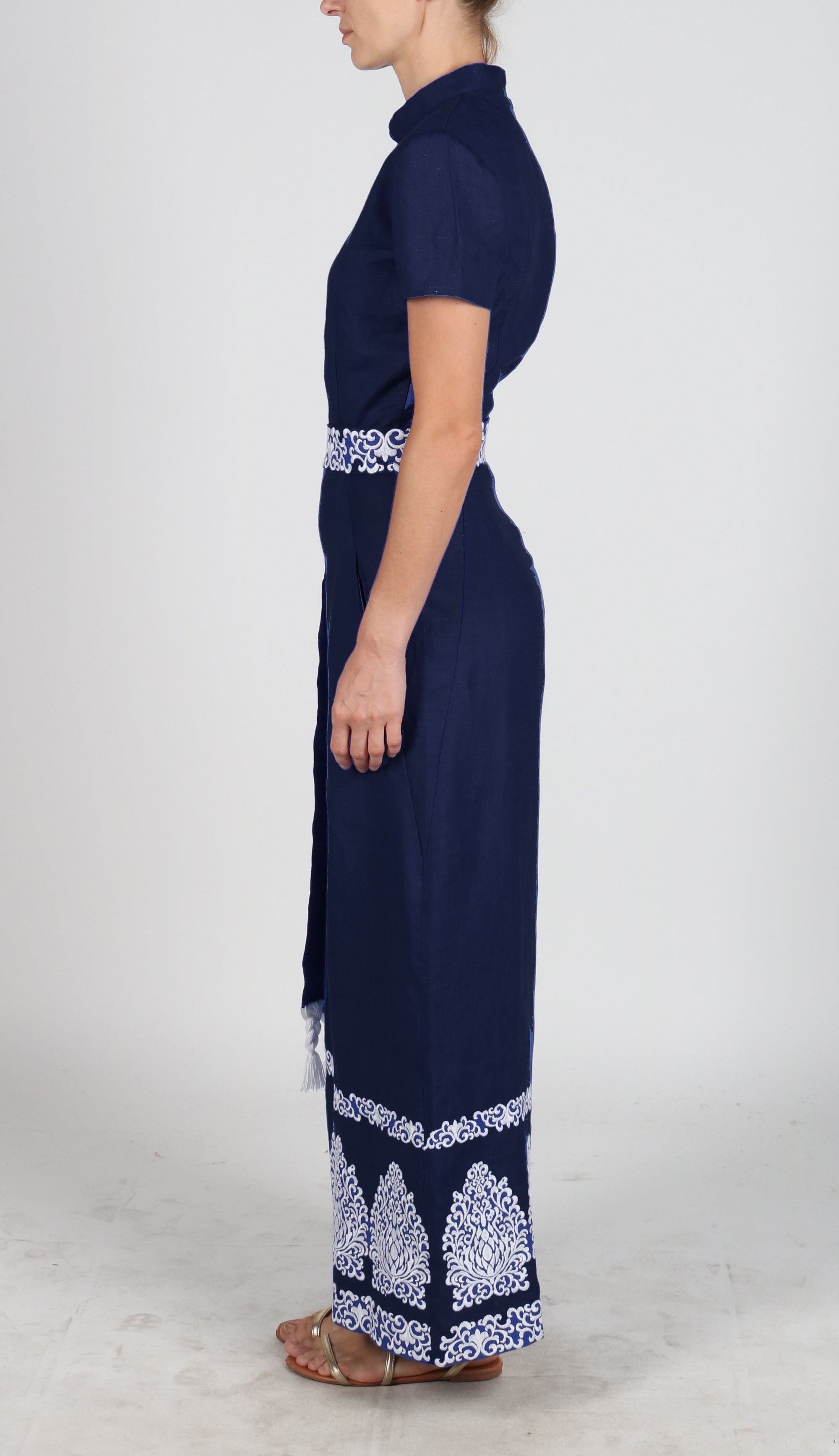 Side View of the Marok Jumpsuit in Indigo Blue
